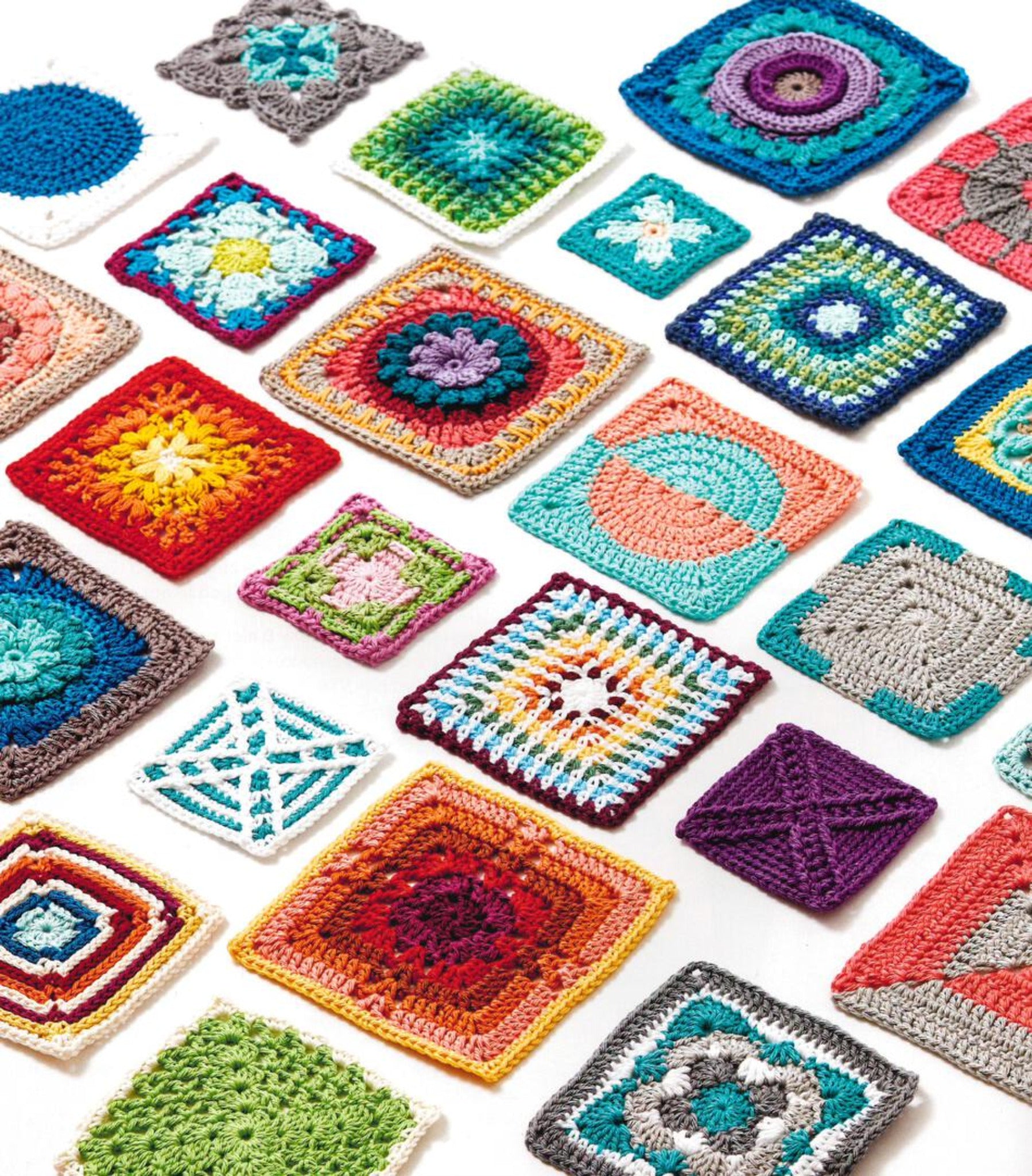 The Crochet Kaleidoscope from Ingram Content displays a vibrant array of granny squares on a white surface. Each square boasts diverse intricate patterns and yarn colors, showcasing a variety of stitches and designs. This visually dynamic arrangement highlights the creativity and artistry inherent in crochet work.