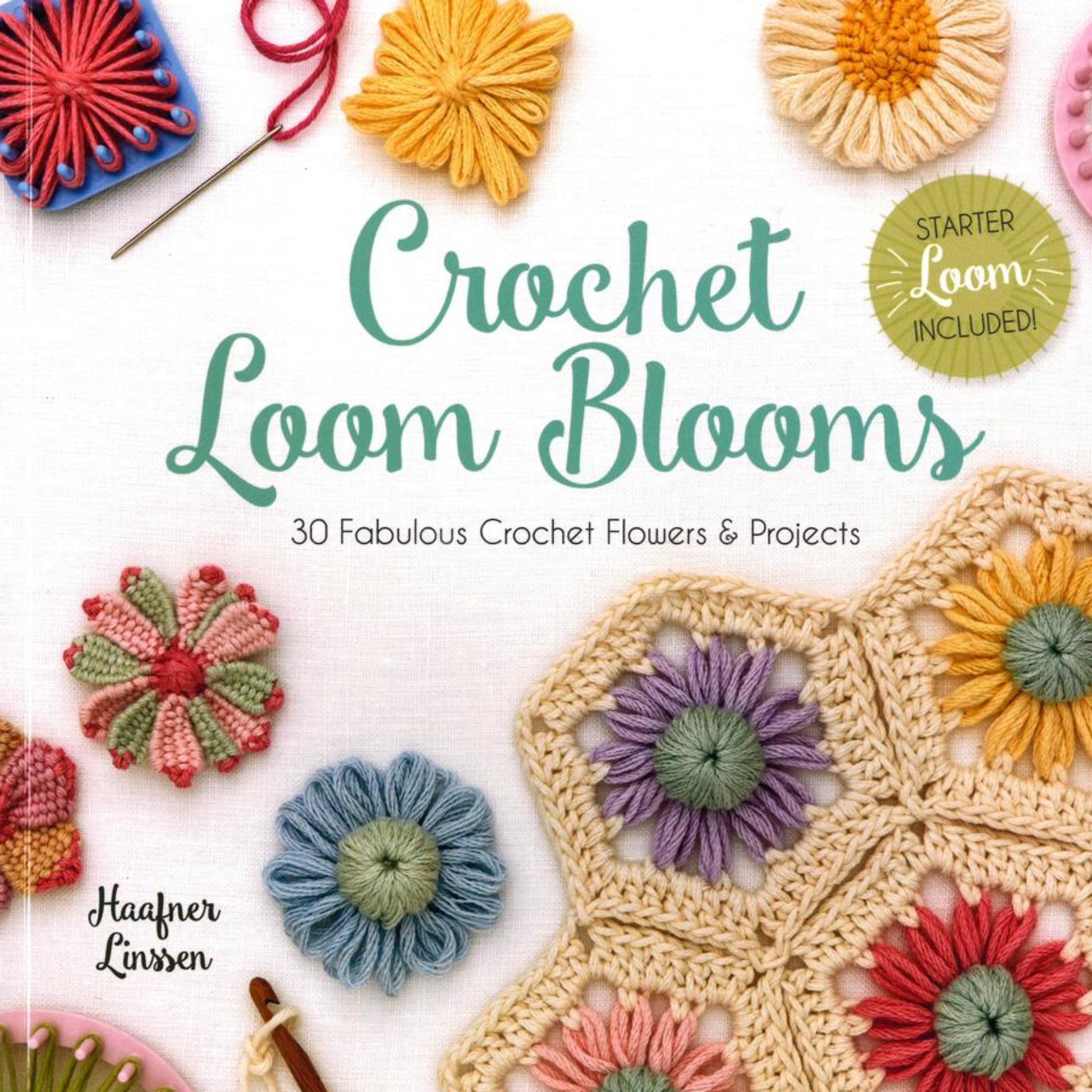 Cover of the book *Crochet Loom Blooms* by Ingram Content. The cover features various colorful flower motifs and crochet projects surrounding the book title. A circular badge indicates that a starter loom is included.