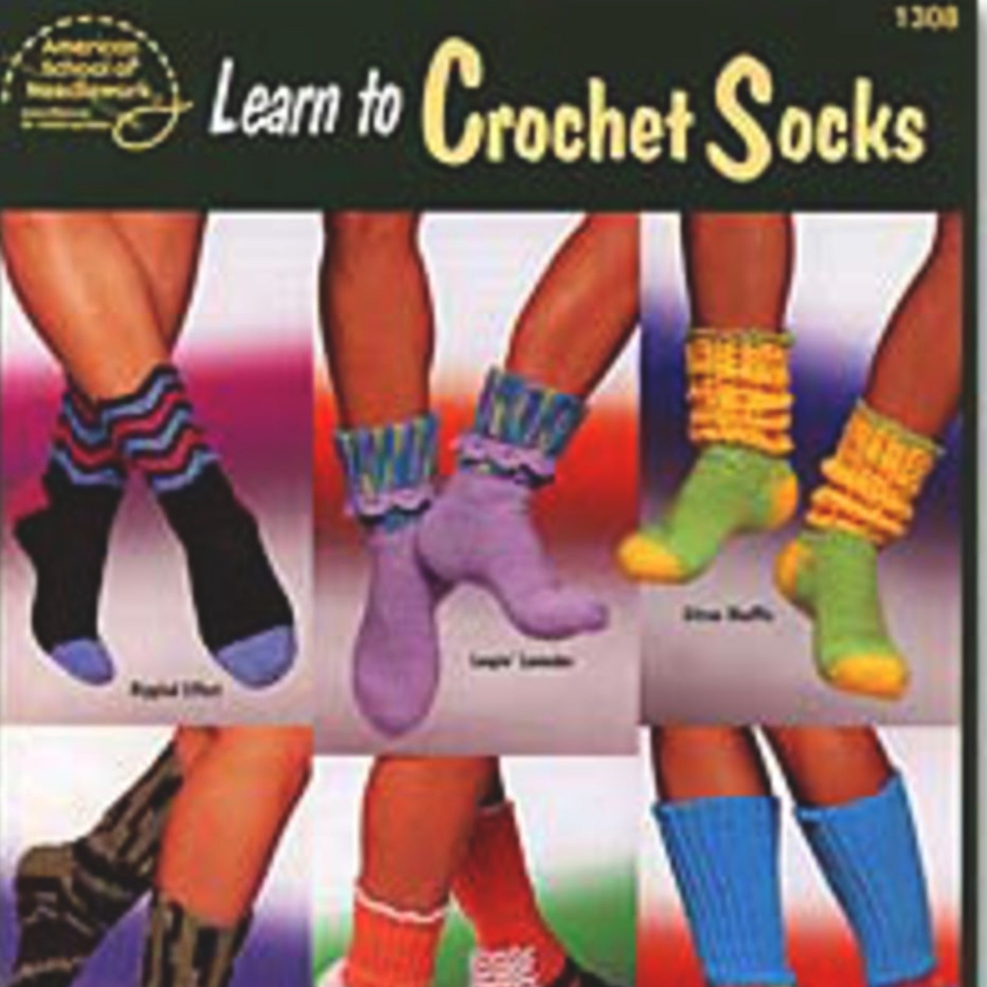 The "Learn to Crochet Socks" pattern book by How 2 Books features five images of various colorful crochet socks, showcasing designs such as "Ripple Effect," "Lacy Lavender," and "Retro Ruffles." These sock designs highlight different crochet techniques and vibrant color combinations, making them perfect for using sport weight yarn.