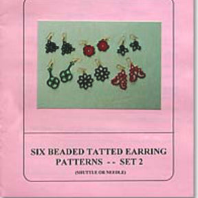 A pink booklet cover titled "Beaded Tatted Earrings Set 2" by Handy Hands displays an image of six pairs of intricately designed, beaded tatted earrings in various shapes and colors, including flower and circular designs.