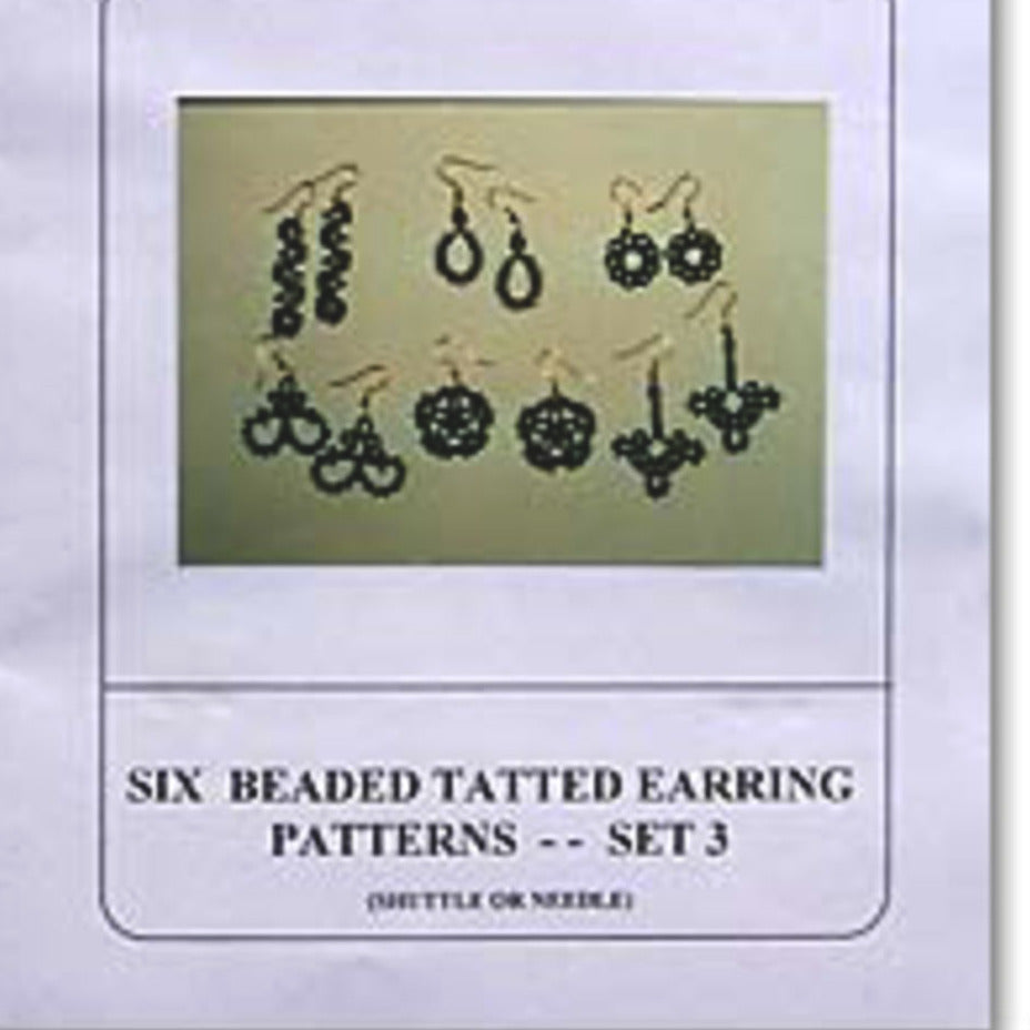 A page displaying six exquisite beaded tatted earring patterns, labeled "Beaded Tatted Earrings Set 3" by Handy Hands. Each of the two rows showcases three distinct designs, perfect for enthusiasts of needle tatting or shuttle tatting.