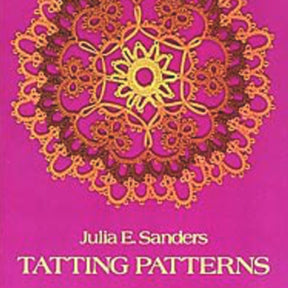 A book cover titled "Julia E. Sanders Tatting Patterns," published by Dover Books, is reminiscent of the 1915 Priscilla Tatting Book. The background is pink and features a large, intricate circular tatting design in gold and white lace at the center.