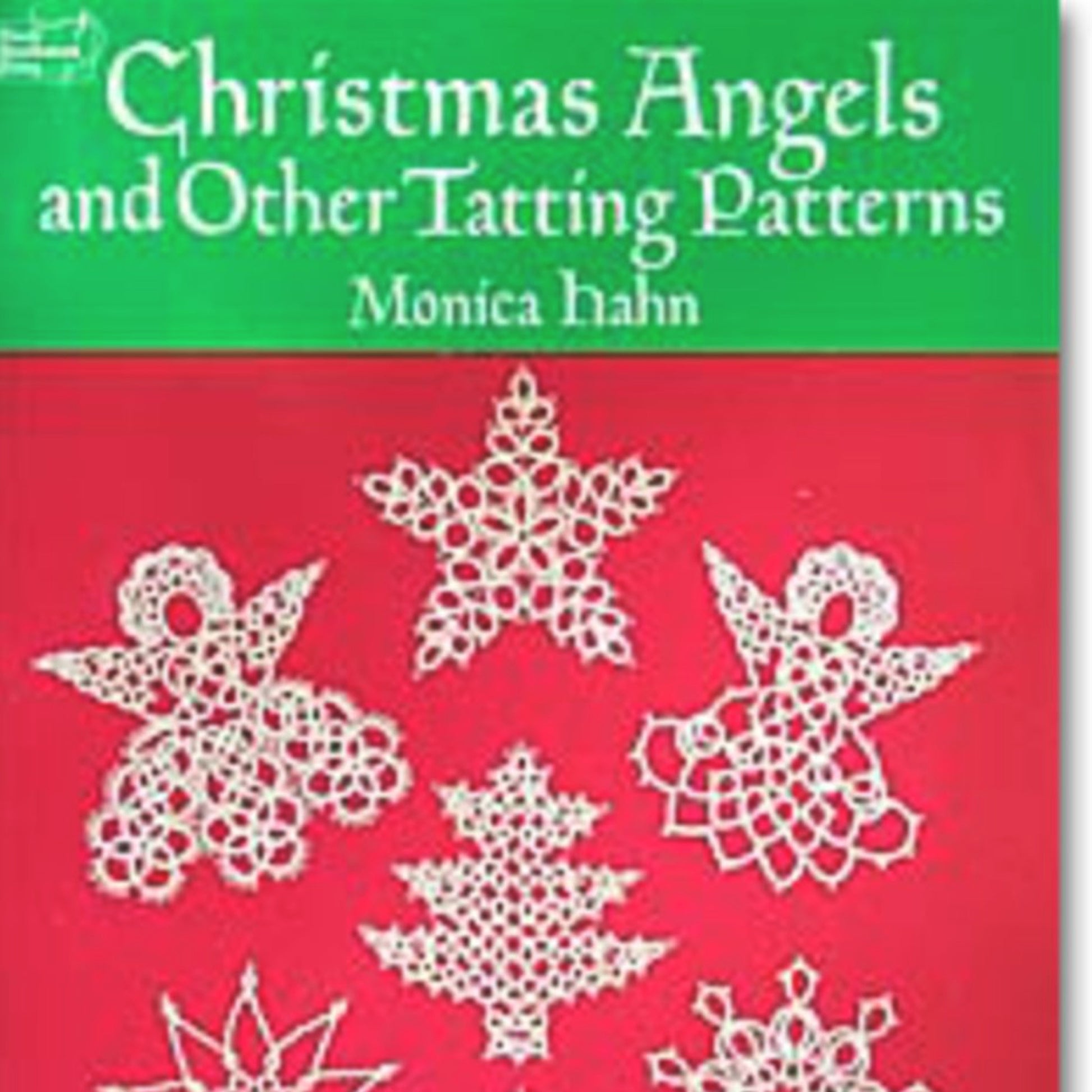 The image shows the cover of a book titled "Christmas Angels & Other Tatting Patterns" by Handy Hands. The cover features intricate, white lace-like tatted designs of angels and stars on a red background, with a green banner at the top displaying the title. Perfect for creating festive collars or holiday ornaments.