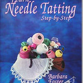 A book cover titled "Learn to Tat Needle Set" by Handy Hands. The background is blue, and the center features a decorative basket filled with colorful spools of Pearl Cotton thread. The basket has a lace trim, and the text is in a white cursive font.