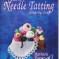 A book cover titled "Learn to Tat Needle Set" by Handy Hands. The background is blue, and the center features a decorative basket filled with colorful spools of Pearl Cotton thread. The basket has a lace trim, and the text is in a white cursive font.