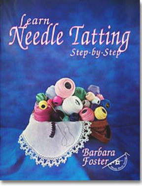 A book cover titled "Learn to Tat Needle Set" by Handy Hands. The background is blue, and the center features a decorative basket filled with colorful spools of Pearl Cotton thread. The basket has a lace trim, and the text is in a white cursive font.