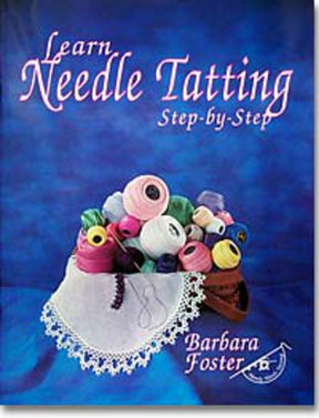 A book cover with a blue background titled "Learn to Tat Needle Set" by Handy Hands. The image features a white lace-edged basket filled with colorful spools of Pearl Cotton thread and needles.