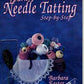 The cover of the book "Learn Needle Tatting Step-by-Step" by Barbara Foster features various colorful spools of Pearl Cotton in a lace-edged basket on a dark blue background. A needle case labeled "Handy Hands" is shown on the left side, ready to accompany your "Learn to Tat Needle Set" and guide you through each tatting pattern.