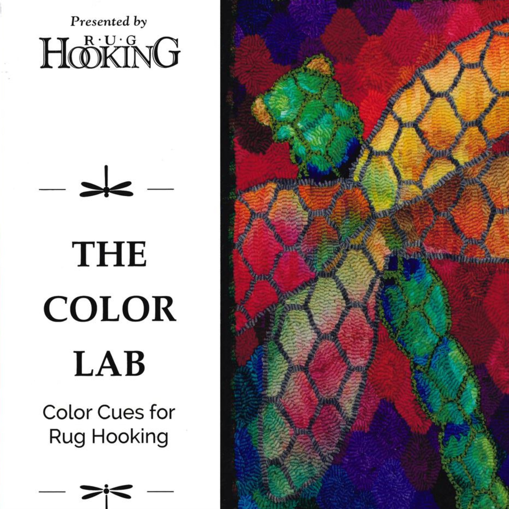 A vibrant image on the right features colorful, interlocking patterns resembling a hooked rug. On the left, the text reads: "Presented by Ampry Publishing. The Color Lab - Color Cues for Rug Hooking" with a simple graphic of two stylized needles crossing, highlighting seamless color transitions.