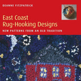 Cover of "East Coast Rug Hooking Designs," published by Nimbus Publishing, featuring an abstract hooked rug design with a small image of a basket of wool on a red background, by master rug hooker Deanne Fitzpatrick.