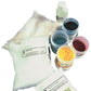 The Warp Painting Kit, Procion for Cellulose by G & K Craft includes a variety of fabric dyeing materials, such as five small containers of Procion Fiber Reactive Dyes in assorted colors, a small bottle of liquid, and two bags labeled "PRO Urea" and "PRO Dye Activator," ideal for weaving projects or warp painting.