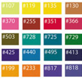 Image of the Wash Fast Acid Dyes Color Card by G & K Craft, featuring 18 different colors each labeled with a unique number prefixed by a hashtag. The chart includes various shades of yellow, pink, red, green, blue, and brown. Ideal for level dyeing protein fibers using Wash Fast Acid Dyes. Some examples include #107, #370, #255, and #818.
