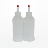 Two G & K Craft Plastic Squeeze Bottles (8 oz) filled with dye liquids, each featuring a pointed red nozzle, are shown side by side against a plain white background.