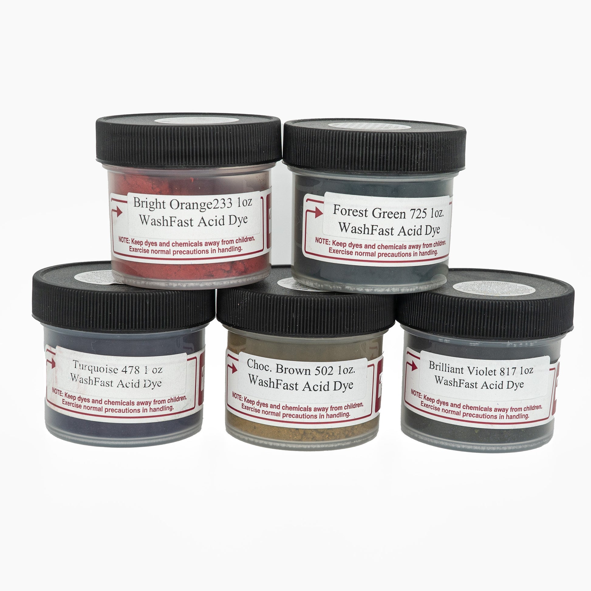 A group of five small containers of G & K Craft's WashFast Acid Dyes arranged in a pyramid. The visible colors are Bright Orange, Forest Green, Turquoise, Chocolate Brown, and Brilliant Violet. Each 1 oz container is labeled with its vibrant color and handling warnings - perfect for protein-based fibers.