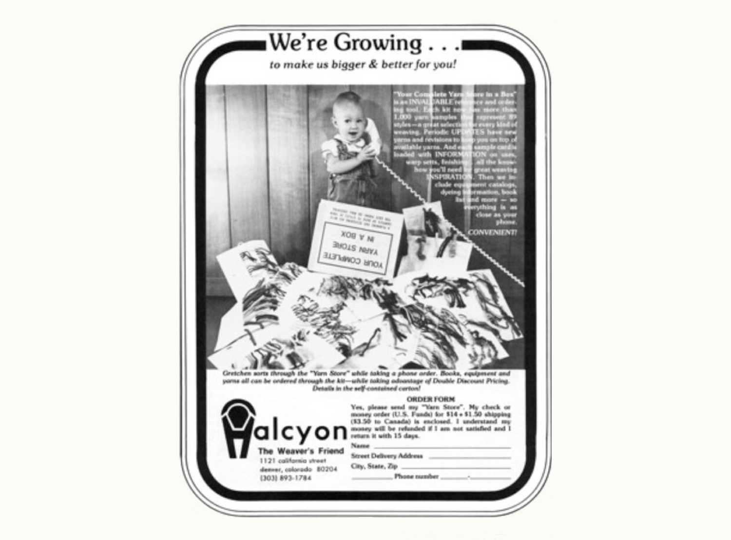 A vintage advertisement features a happy child standing at the top of a staircase, smiling and reaching out. Below, fabric samples are scattered. The text reads "We're Growing... to make us bigger & better for you!" The ad is for Halcyon, a fabric store in Denver, Colorado.