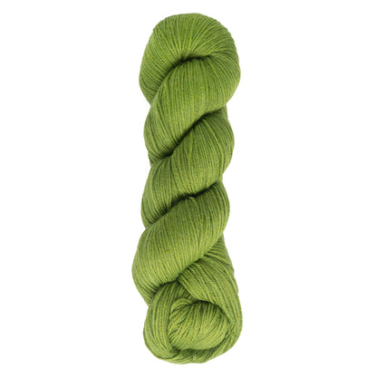 A skein of Cascade Heritage Sock Yarn from Cascade Yarns is twisted into an elongated loop, showcasing its rich green hue and texture. The superwash merino wool emphasizes its softness and stitch definition, set against a plain white background.