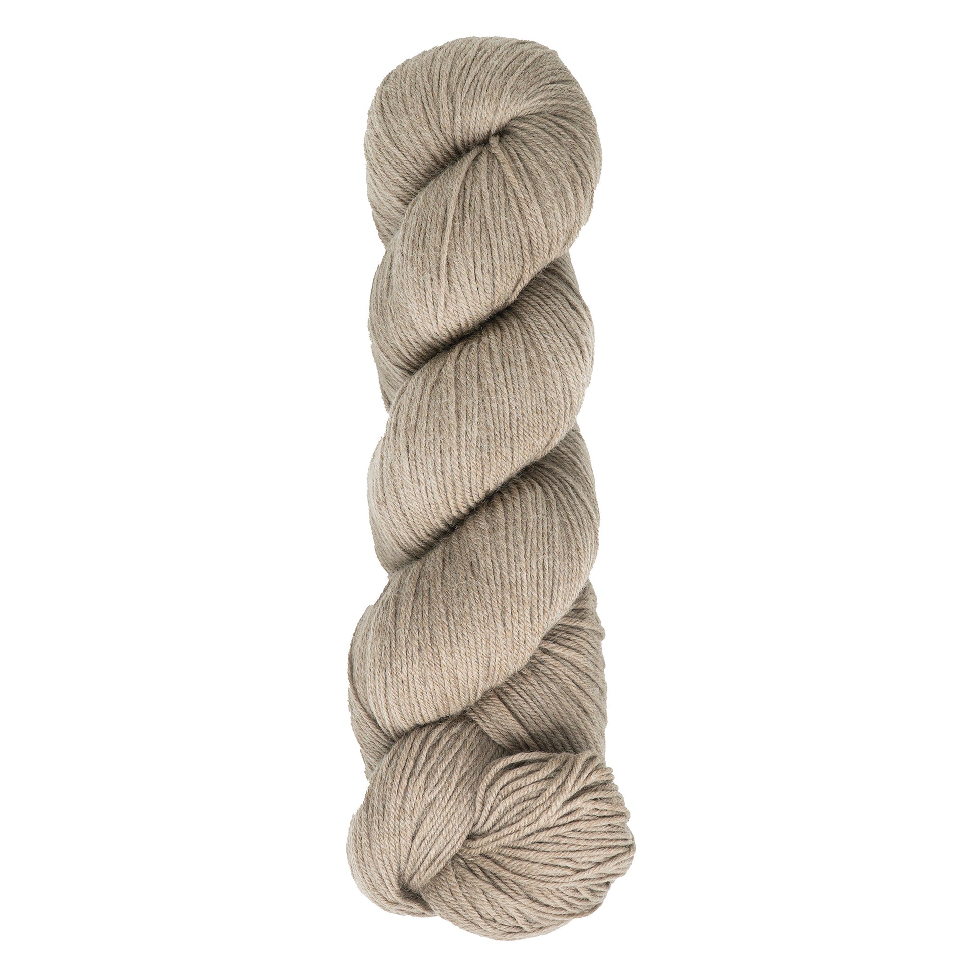 A neatly twisted skein of Cascade Heritage Sock Yarn by Cascade Yarns in light brown superwash merino wool, set against a white background, perfect for projects requiring excellent stitch definition.