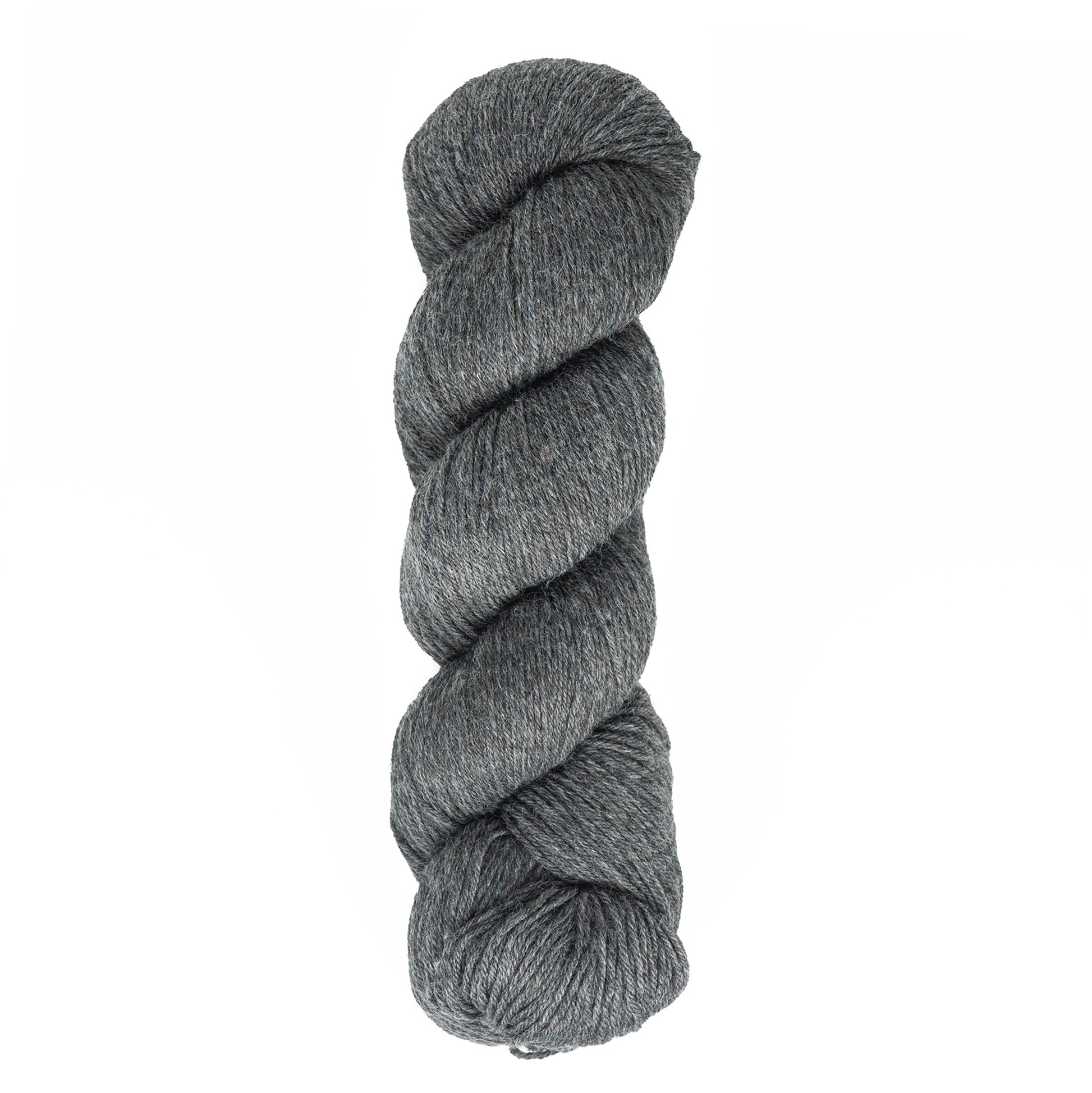 A skein of Cascade Heritage Sock Yarn by Cascade Yarns, in dark gray fingering weight, tightly twisted and neatly arranged against a white background, showcases exquisite stitch definition.