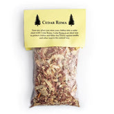 The clear plastic bag filled with wood shavings, labeled "Cedar Mothballs" by Cedar Roma, promises a natural moth deterrent. The yellow label features two black tree silhouettes and text describing Cedar Roma's product as a non-toxic, handmade item that protects clothes and linens from moths and insects.