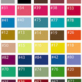 A chart showcases 60 rectangular color swatches, each labeled with a unique number prefixed by a hashtag (#). The swatches, created using G & K Craft's Country Classics Dyes for Protein Fibers, display a wide spectrum of colors including shades of red, blue, green, yellow, brown, gray, and more.