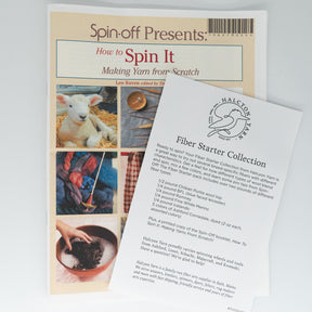 An instructional booklet titled "How to Spin It: Making Yarn from Scratch" by Lee Raven is partially covered by a flyer from Halcyon Yarn. The flyer, titled "Fiber Starter - spinning sample pack," details various spinning techniques and wool types included in the kit.