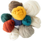 A top view showcases the vibrant "Fiber Starter - spinning sample pack" by Halcyon Yarn, featuring colorful wool roving bundles arranged in a circle. The set includes shades of brown, white, mustard yellow, green, blue, teal, red, and gray. These soft and fluffy textures are perfect for knitting or felting projects.