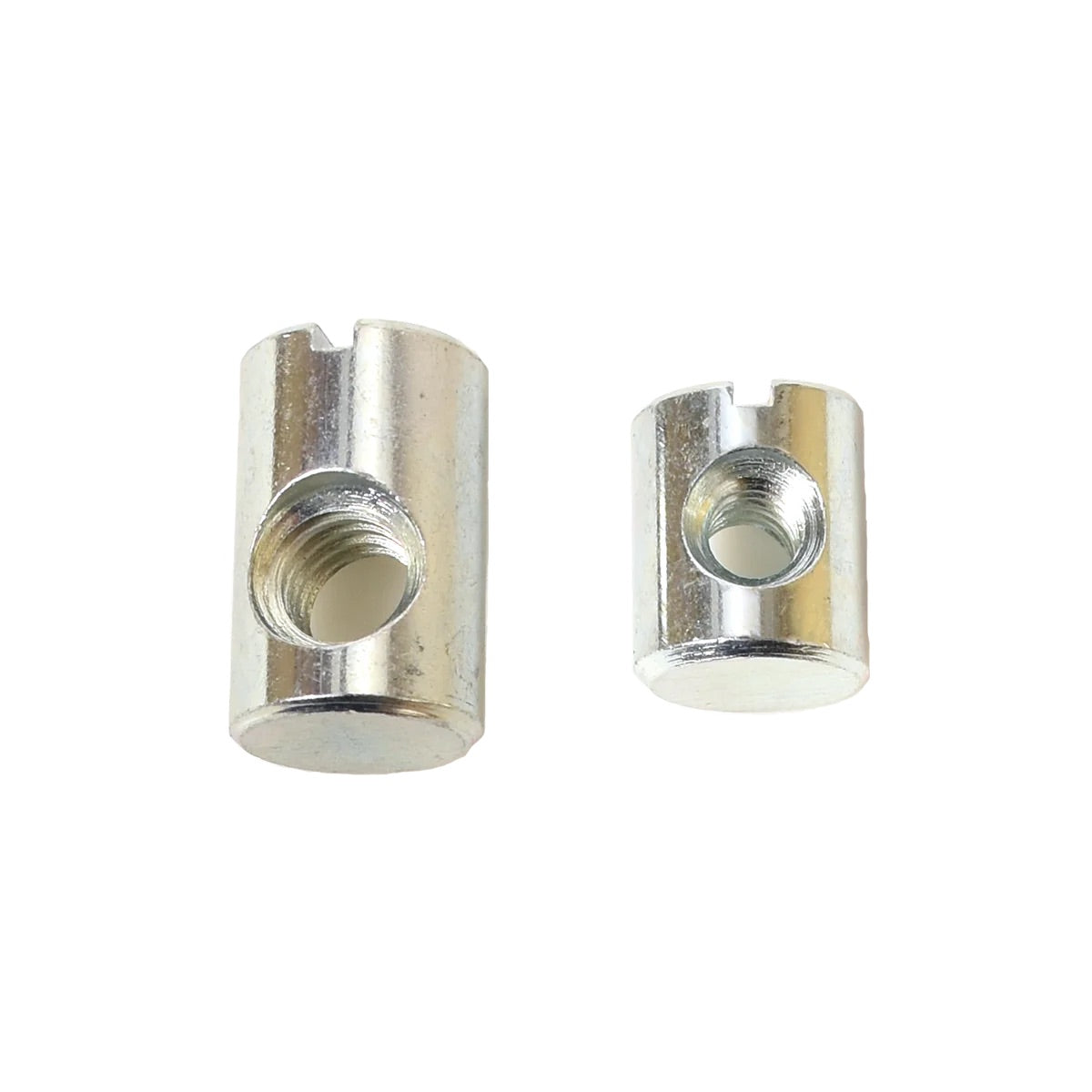 Two metal barrel nuts of different sizes against a white background. Each nut is cylindrical with a threaded hole through the middle and a slot on top. The larger nut, often used in looms or spinning wheels, is on the left, while the smaller Schacht Spindle Co. replacement barrel nut from the Schacht Replacement Barrel Nuts (5/pack) sits on the right.