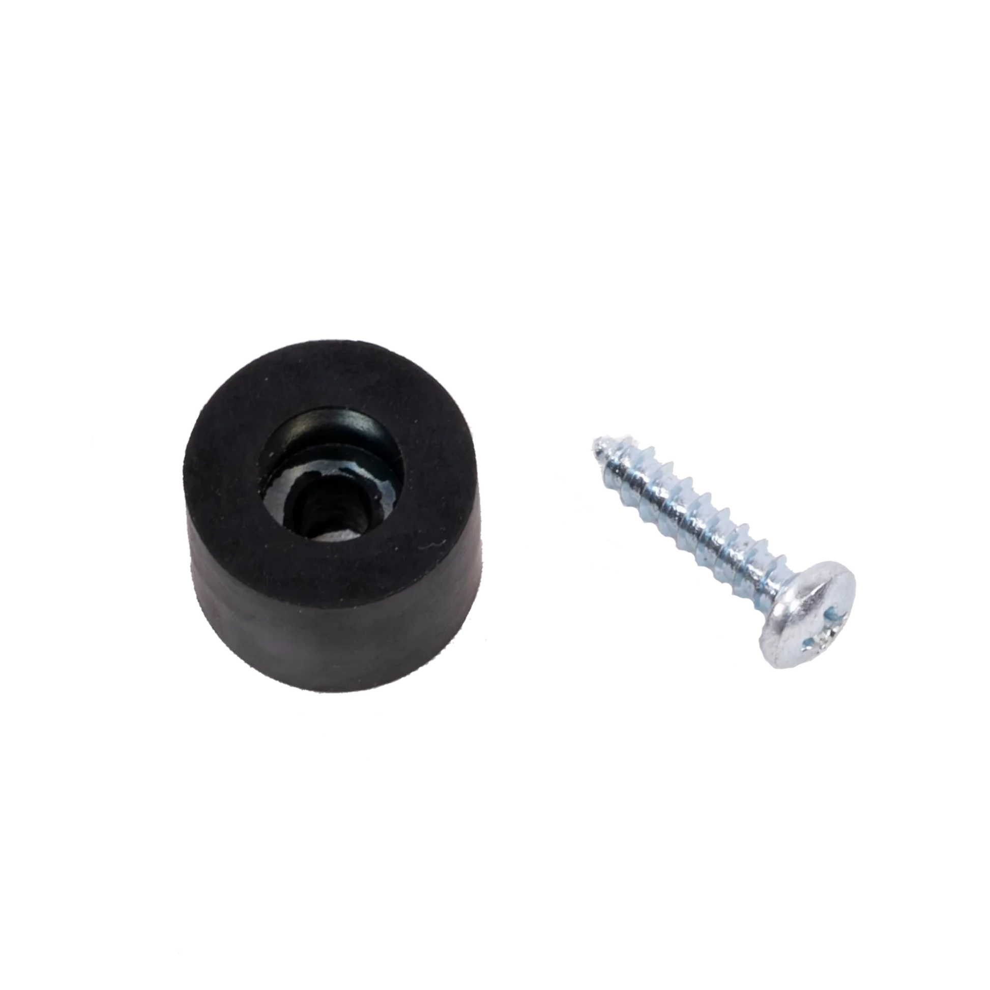 The Schacht Rubber Foot/Beater Bumper by Schacht Spindle Co. is a small black cylindrical rubber replacement bumper with a central hole and a recessed middle portion for accommodating the included metal screw, which has a round head. Both items are presented against a white background, with the screw positioned to the right of the bumper.