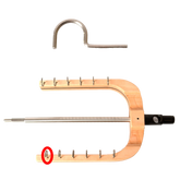 A two-part image: the top section showcases a metal, semi-circular arch device resembling a flatiron, while the bottom part displays the Schacht Spinning Wheel Flyer Hook from Schacht Spindle Co., a wooden and metal apparatus with an adjustable metal arm featuring multiple notches along its length and a handle on the right. A small segment is circled in red.
