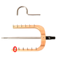 A two-part image: the top section showcases a metal, semi-circular arch device resembling a flatiron, while the bottom part displays the Schacht Spinning Wheel Flyer Hook from Schacht Spindle Co., a wooden and metal apparatus with an adjustable metal arm featuring multiple notches along its length and a handle on the right. A small segment is circled in red.
