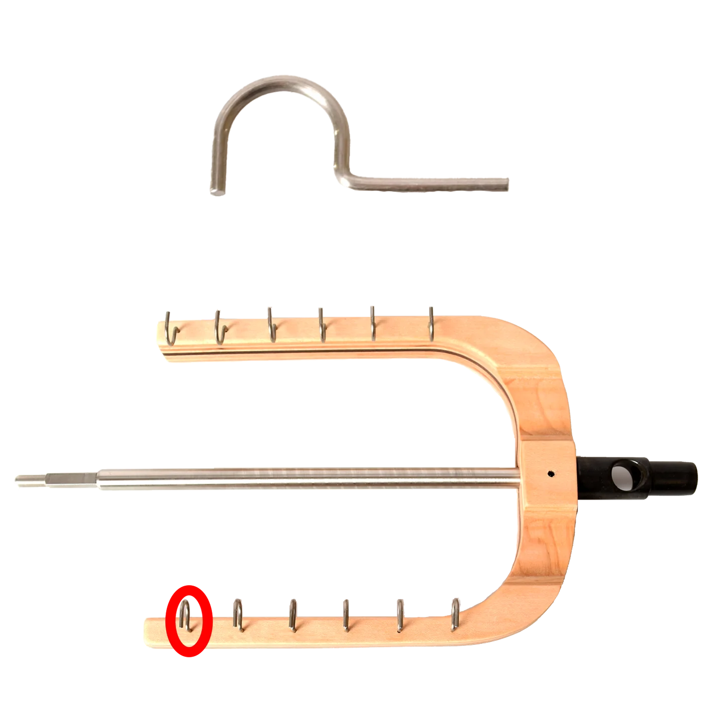 A two-part image: the top section showcases a metal, semi-circular arch device resembling a flatiron, while the bottom part displays the Schacht Spinning Wheel Flyer Hook from Schacht Spindle Co., a wooden and metal apparatus with an adjustable metal arm featuring multiple notches along its length and a handle on the right. A small segment is circled in red.
