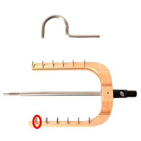 A two-part image: the top section showcases a metal, semi-circular arch device resembling a flatiron, while the bottom part displays the Schacht Spinning Wheel Flyer Hook from Schacht Spindle Co., a wooden and metal apparatus with an adjustable metal arm featuring multiple notches along its length and a handle on the right. A small segment is circled in red.
