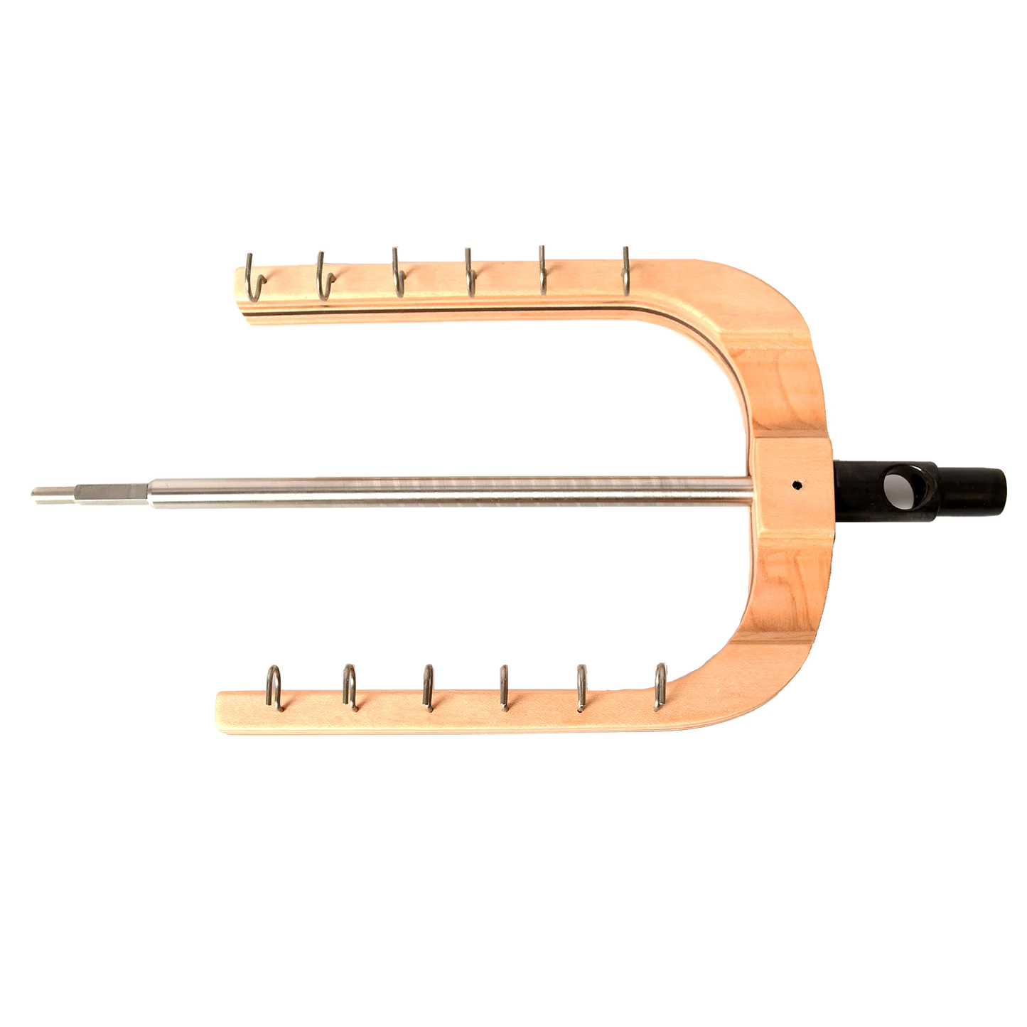 The Schacht Spinning Wheel Flyer Assembly by Schacht Spindle Co. features a wooden and metal frame with multiple pegs and a central rod, designed to support or hold items, likely serving as a specialized tool or instrument holder. Predominantly crafted from wood, it incorporates exceptional metal components for enhanced support and functionality.