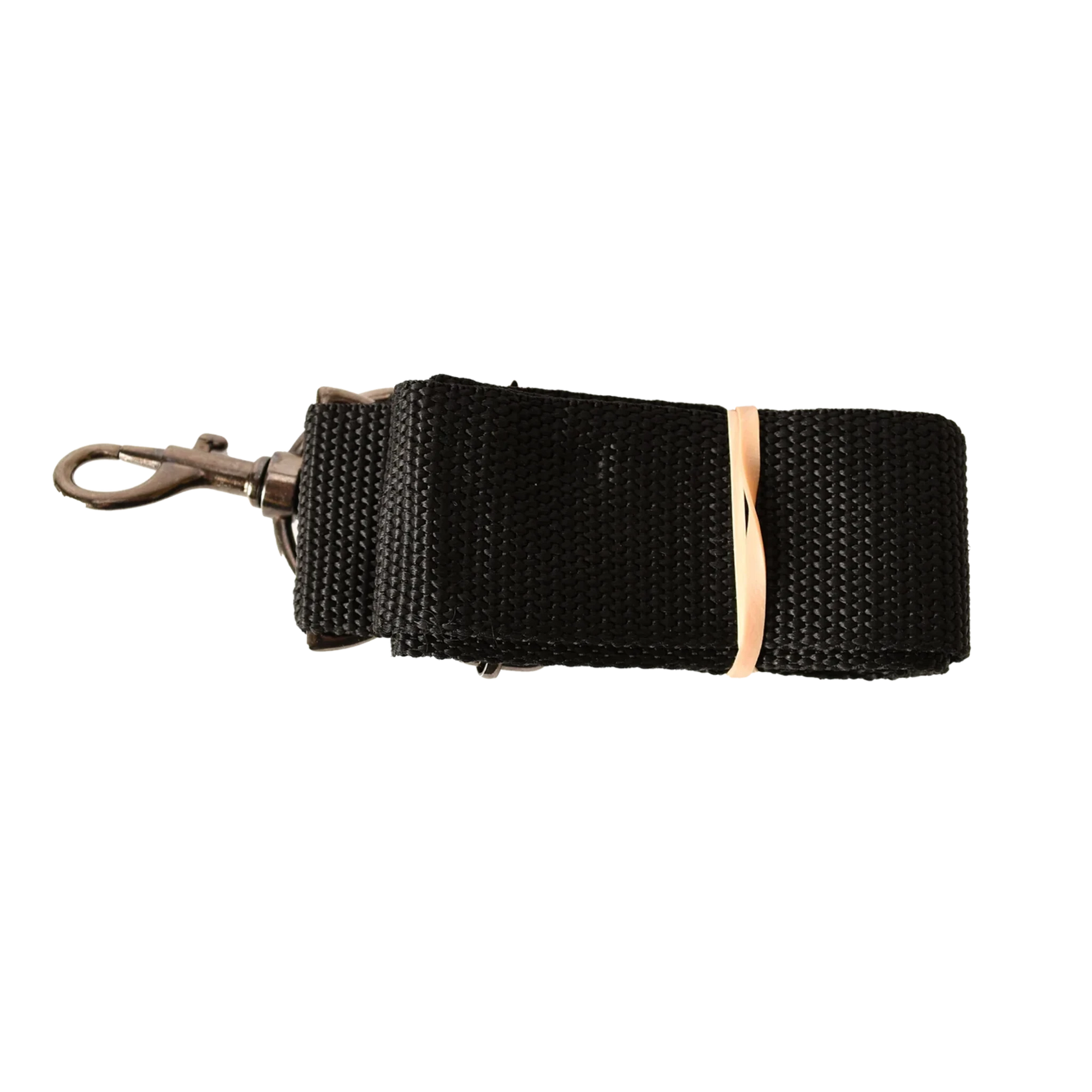 Introducing the Schacht Matchless/Sidekick Carrying Strap by Schacht Spindle Co.—a coiled black nylon strap with a metal clasp and rubber band securing it. This exceptional strap is designed for securing objects, with the clasp serving as an attachment mechanism—your ultimate companion for organization.