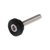 A Schacht Whorl Knob with a cylindrical threaded body and a black plastic knurled head, reminiscent of the precision found in Matchless Spinning Wheels by Schacht Spindle Co. The hexagonal socket drive on the head allows for manual tightening by hand or with a hex key. The background is plain white.
