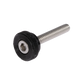 A Schacht Whorl Knob with a cylindrical threaded body and a black plastic knurled head, reminiscent of the precision found in Matchless Spinning Wheels by Schacht Spindle Co. The hexagonal socket drive on the head allows for manual tightening by hand or with a hex key. The background is plain white.
