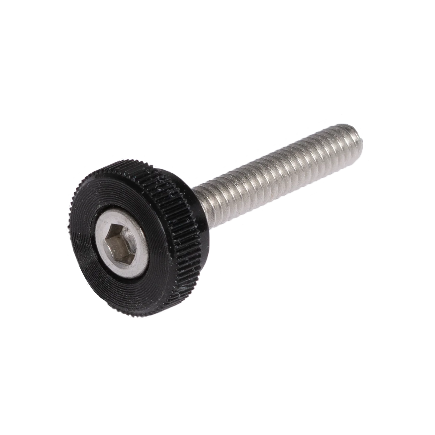 A Schacht Whorl Knob with a cylindrical threaded body and a black plastic knurled head, reminiscent of the precision found in Matchless Spinning Wheels by Schacht Spindle Co. The hexagonal socket drive on the head allows for manual tightening by hand or with a hex key. The background is plain white.
