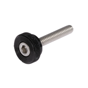 A Schacht Whorl Knob with a cylindrical threaded body and a black plastic knurled head, reminiscent of the precision found in Matchless Spinning Wheels by Schacht Spindle Co. The hexagonal socket drive on the head allows for manual tightening by hand or with a hex key. The background is plain white.
