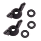 Two black wing nuts with elongated wings, similar to components from the Schacht Ladybug Lazy Kate setup, are positioned near four separate black washers. The items are neatly arranged on a plain white background, echoing the organized design aesthetic of the Schacht Spindle Co.'s products.