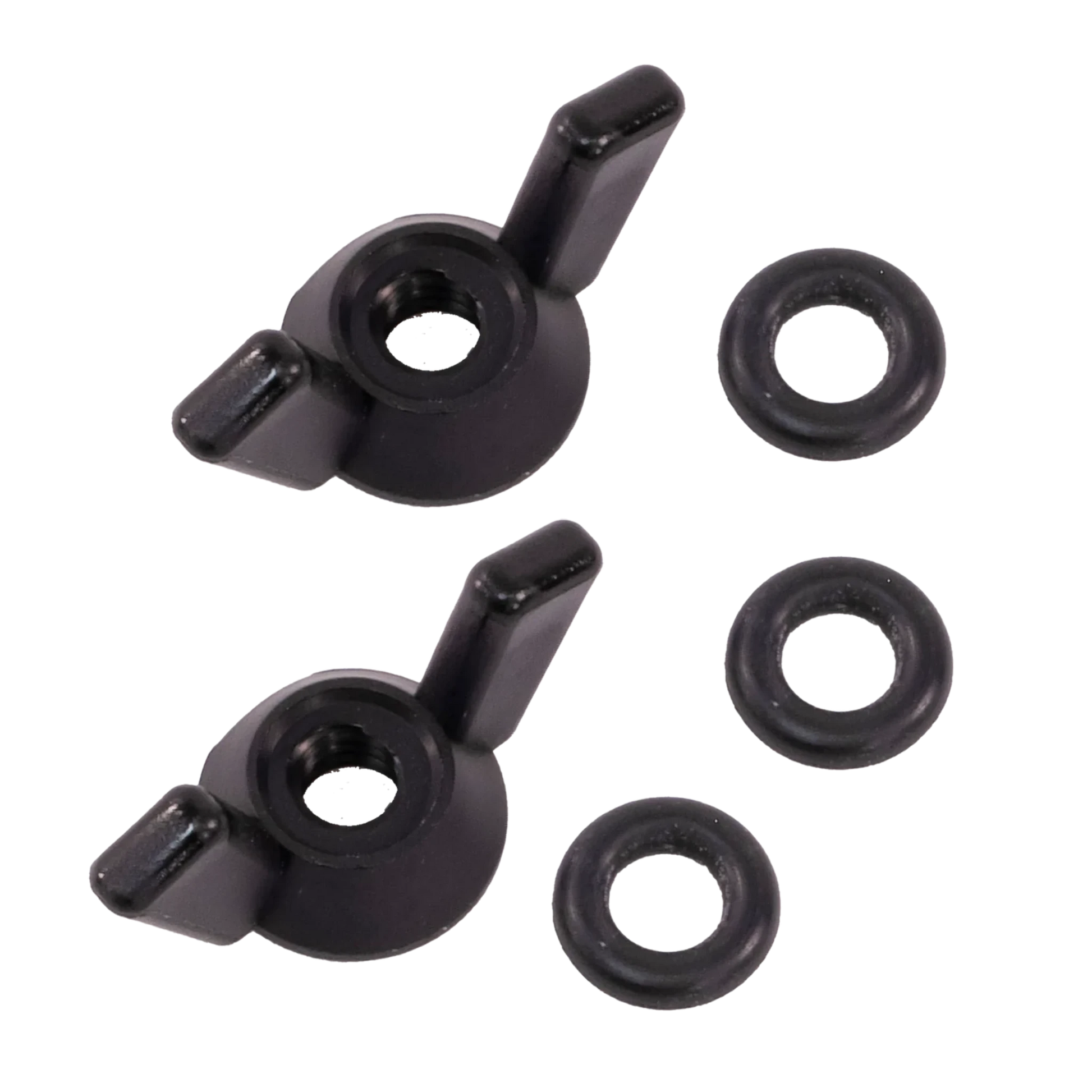 The image displays two black wing nuts, each featuring two extended "wings" for easy hand tightening, accompanied by four o-rings and four black washers. These circular washers are designed to fit with the wing nuts. All items are a valuable addition to the Schacht LadyBug Lazy Kate O-Ring from Schacht Spindle Co., and they are placed on a white background.