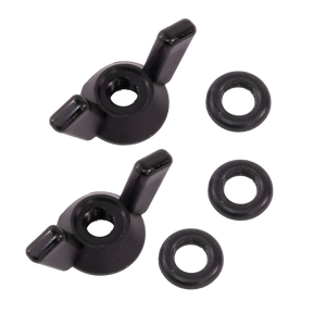 The image displays two black wing nuts, each featuring two extended "wings" for easy hand tightening, accompanied by four o-rings and four black washers. These circular washers are designed to fit with the wing nuts. All items are a valuable addition to the Schacht LadyBug Lazy Kate O-Ring from Schacht Spindle Co., and they are placed on a white background.