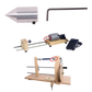 Image showing three stages of setting up the Schacht Spindle Co. Double End Hand Winder Live Center Tip Kit. The top highlights a metal tailstock next to the tail spindle side, the middle reveals a motor assembly, and the bottom displays the completed lathe with wood and metal components, including the belt and tension metal rods.