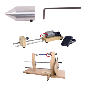 Image showing three stages of setting up the Schacht Spindle Co. Double End Hand Winder Live Center Tip Kit. The top highlights a metal tailstock next to the tail spindle side, the middle reveals a motor assembly, and the bottom displays the completed lathe with wood and metal components, including the belt and tension metal rods.