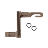 The Schacht Incredible Rope Machine Hook by Schacht Spindle Co. features a beige plastic mount with a hook on one end for easy attachment. Included are two small, black rubber O-rings positioned to the right of the mount.