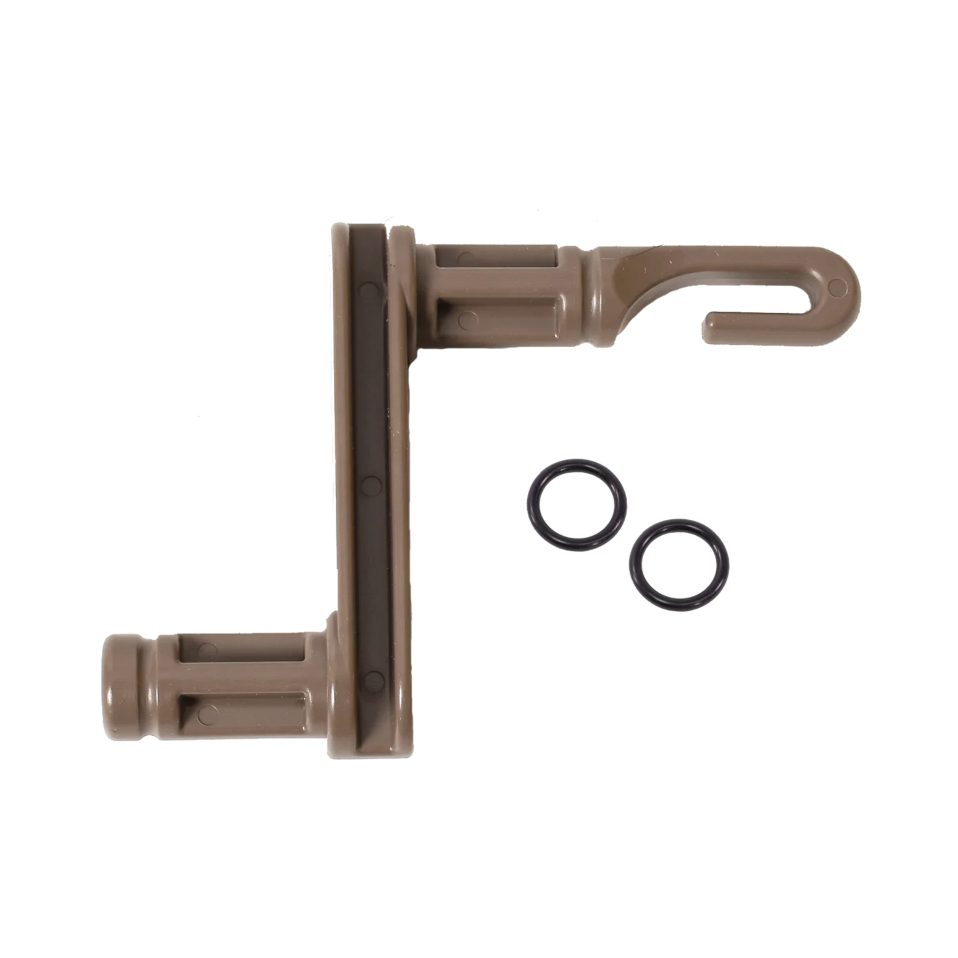 The Schacht Incredible Rope Machine Hook by Schacht Spindle Co. features a beige plastic mount with a hook on one end for easy attachment. Included are two small, black rubber O-rings positioned to the right of the mount.