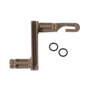 The Schacht Incredible Rope Machine Hook by Schacht Spindle Co. features a beige plastic mount with a hook on one end for easy attachment. Included are two small, black rubber O-rings positioned to the right of the mount.