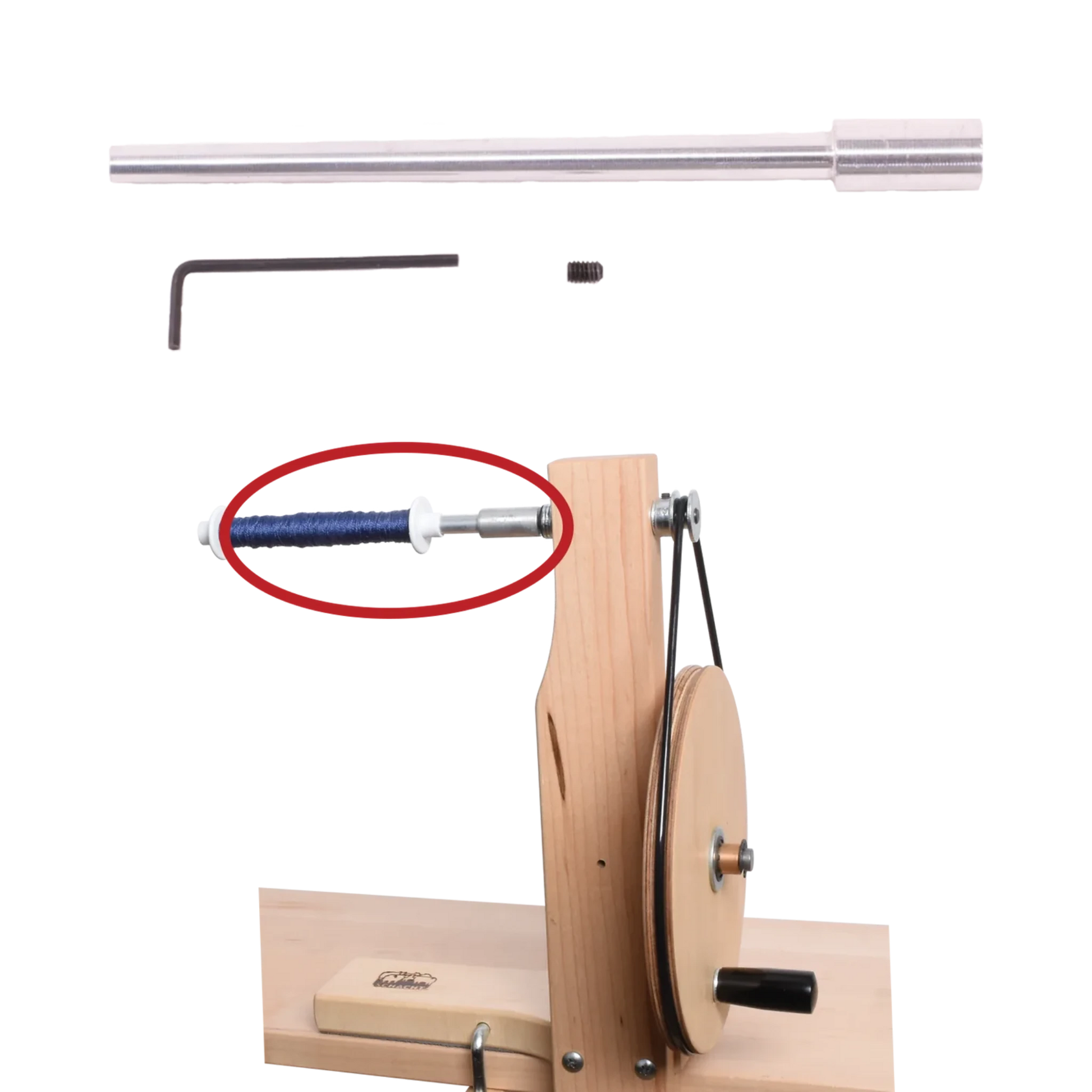 The Schacht Single End Hand Winder Shaft Kit from Schacht Spindle Co. is a manual yarn winder featuring a wooden base and metal components, which include a yarn guide positioned next to a silver rod, a set screw, and a small hex wrench. The winder is operated using a circular wheel and handle. Additionally, the image highlights one specific part in red.