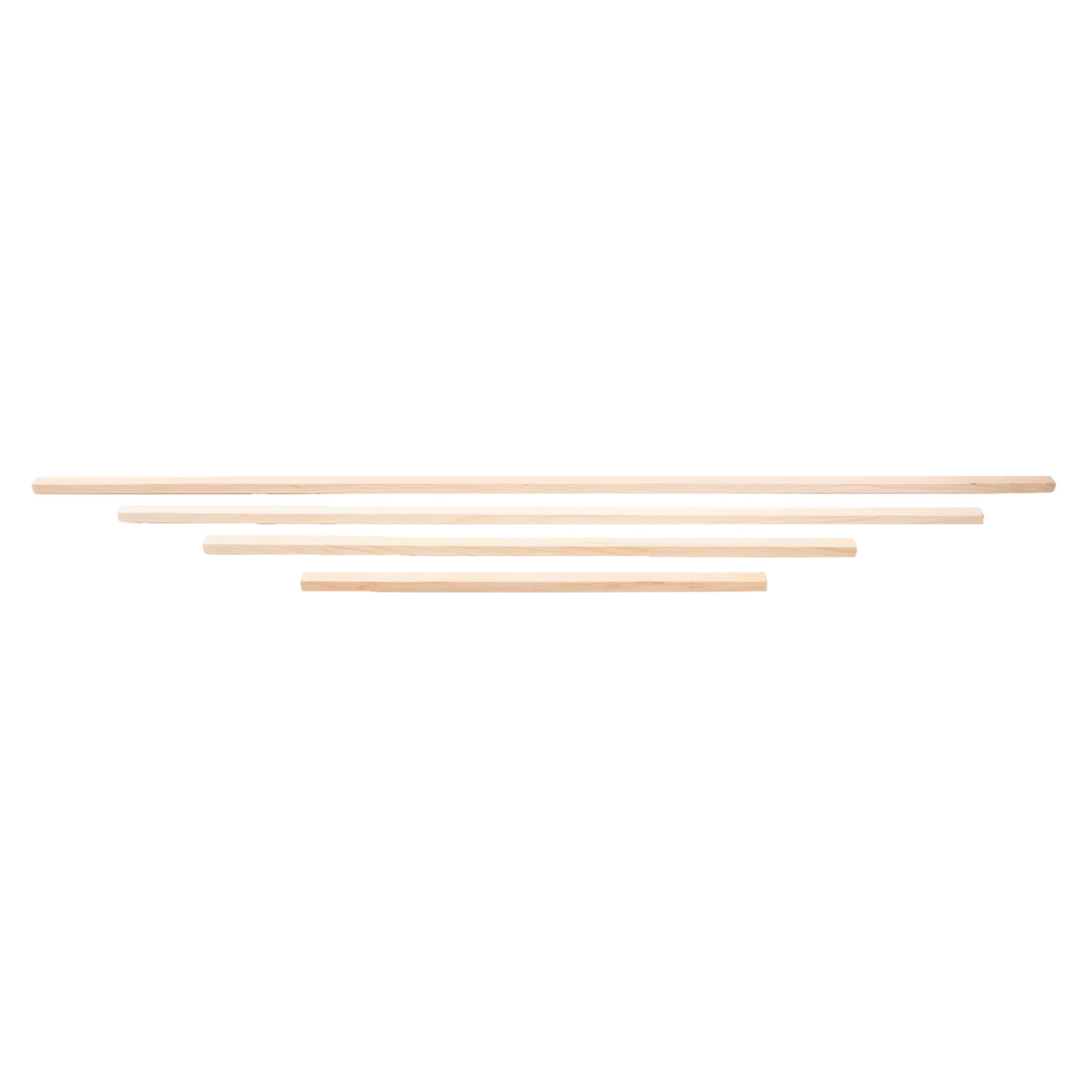 Four beige wooden dowels of varying lengths, perfect as replacement apron bars for your Schacht Apron Bar Floor Loom by Schacht Spindle Co., are arranged horizontally against a white background.