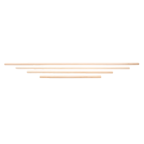 Four beige wooden dowels of varying lengths, perfect as replacement apron bars for your Schacht Apron Bar Floor Loom by Schacht Spindle Co., are arranged horizontally against a white background.