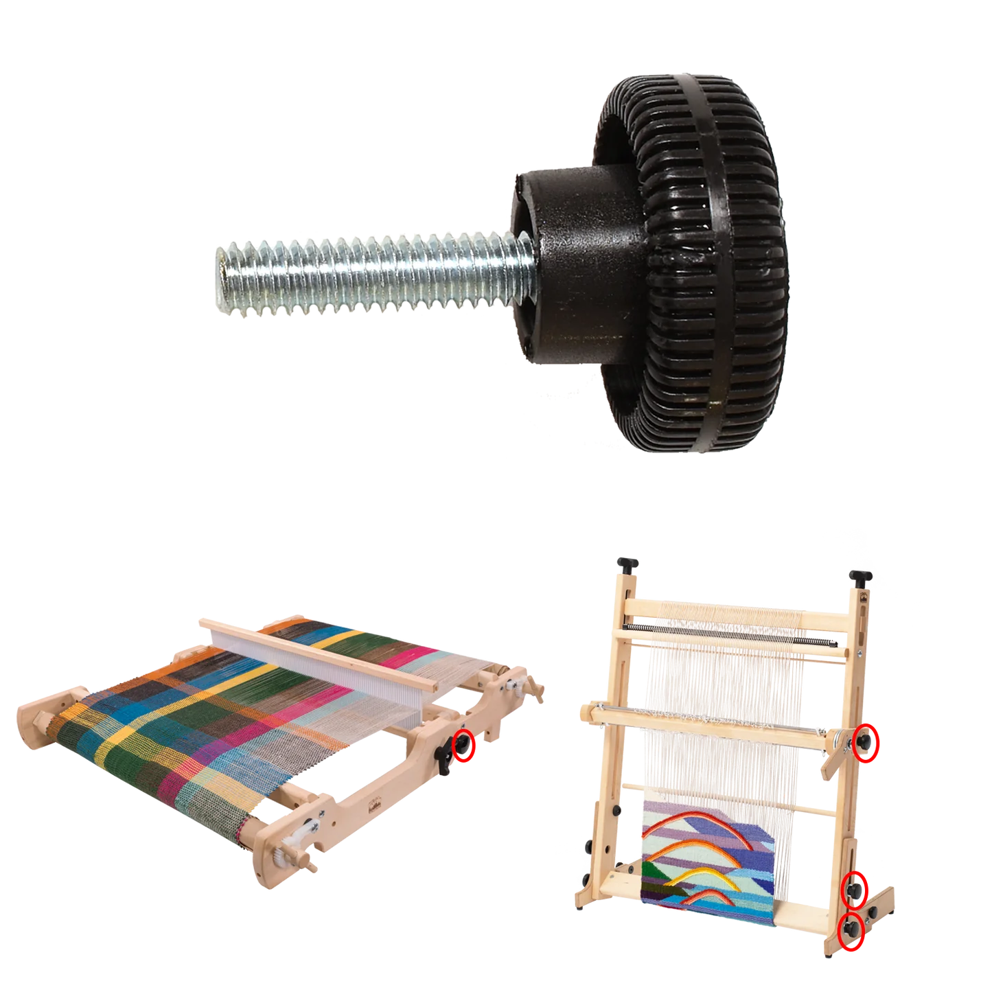 Three weaving loom machines are depicted in the image. One loom displays colorful woven fabric, and another has a partially completed artwork. Above the looms is a close-up of Schacht Spindle Co.'s Flip Loom Lock Knob, featuring a sturdy black knob with an attached metal screw, ideal for flip loom replacements.